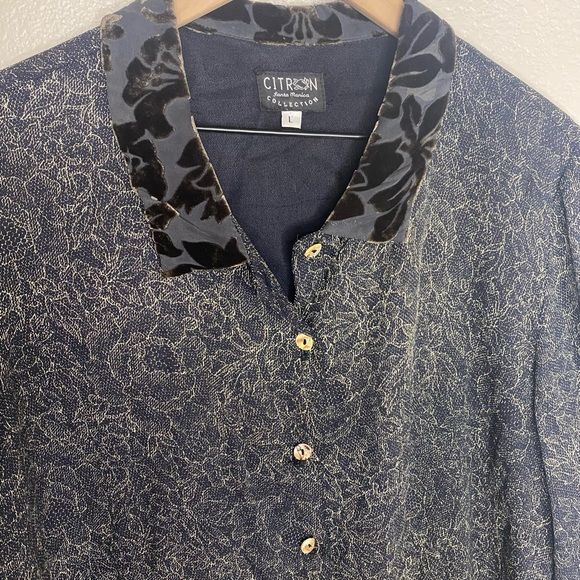 Citron Santa Monica Velvet Lined Multi-media Collared Button Up Blouse / Large - Picture 5 of 6